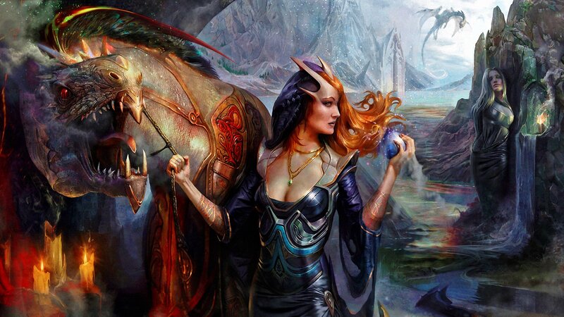 Elf Woman with Dragon — Purple, Dramatic, Digital Art