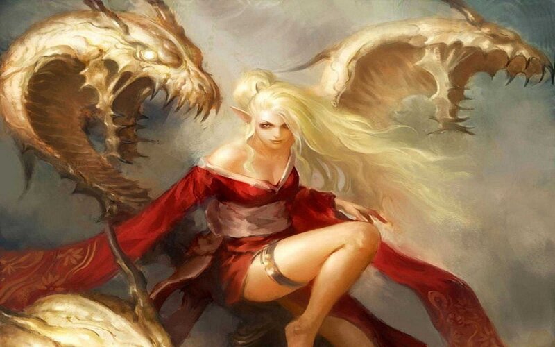 Elf Woman with Dragon — Red, Dramatic, Digital Art