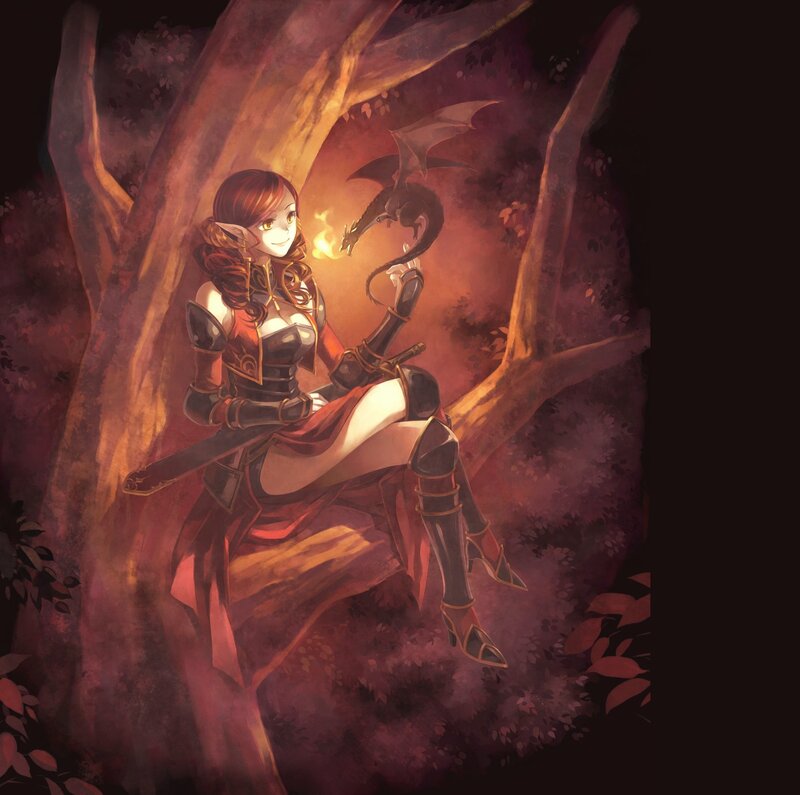 Elf Woman with Dragon — Red, Dramatic, Night