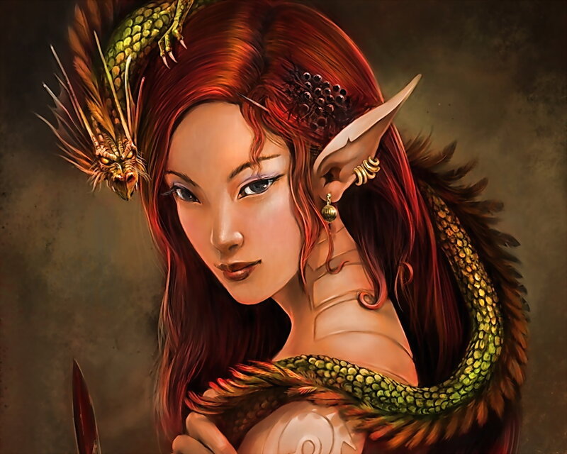 Elf Woman with Dragon — Red, Dramatic