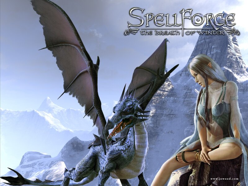 Elf Woman with Dragon — White, Dramatic, Winter, Digital Art, Mountain