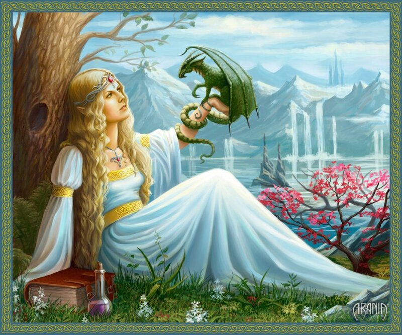 Elf Woman with Dragon — White, Serene