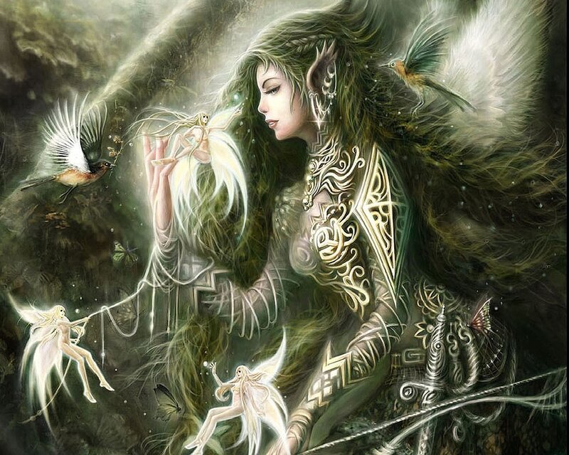 Elf Woman with Fairies — Green