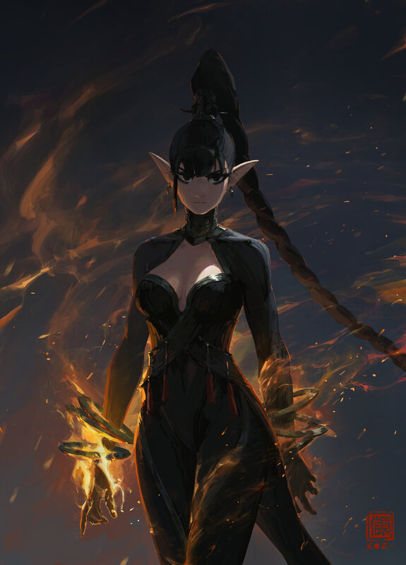 Elf Woman with Fire — Black, Dramatic, Night, Digital Art