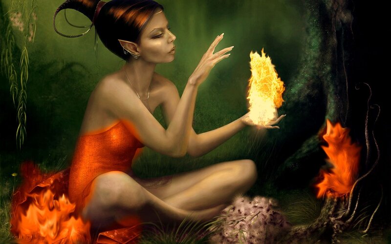 Elf Woman with Fire — Green, Mystical