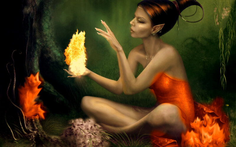 Elf Woman with Fire — Green