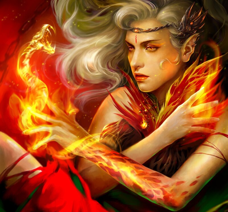 Elf Woman with Fire — Red, Dramatic, Digital Art, Dragon