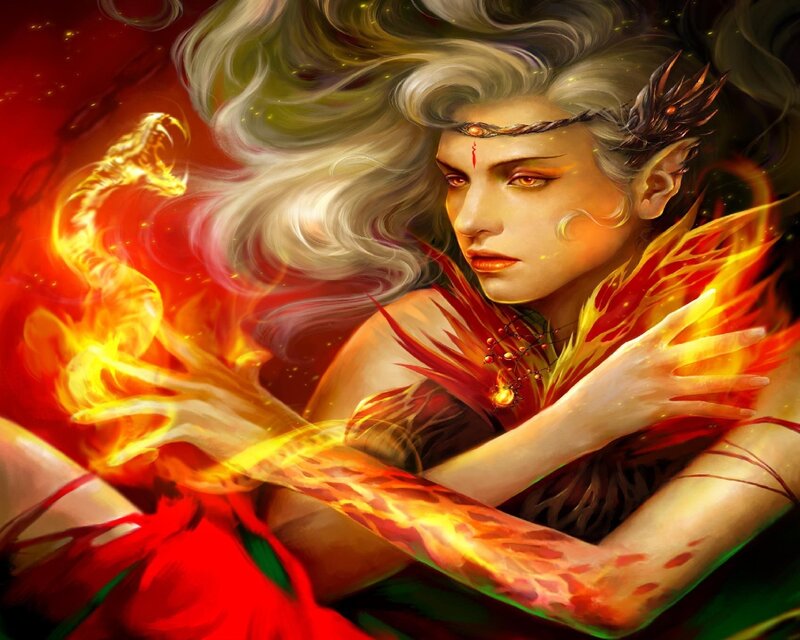 Elf Woman with Fire — Red, Dramatic, Digital Art