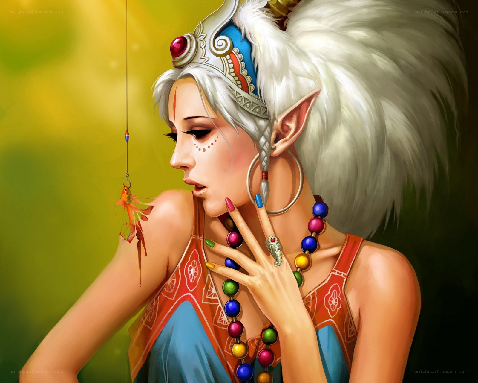 elf woman with fish on hook
