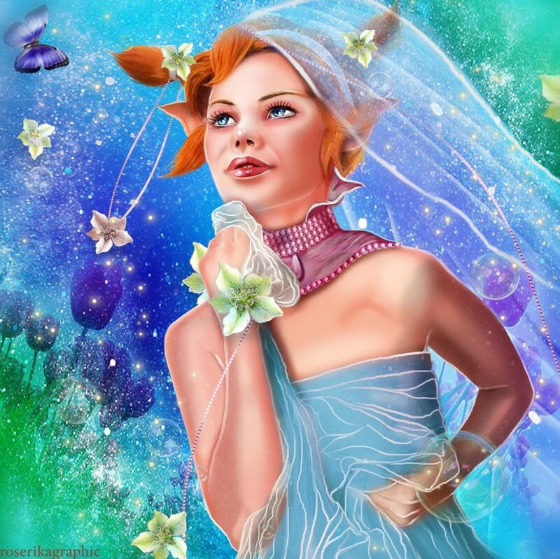Elf Woman with Flowers — Blue, Dreamy