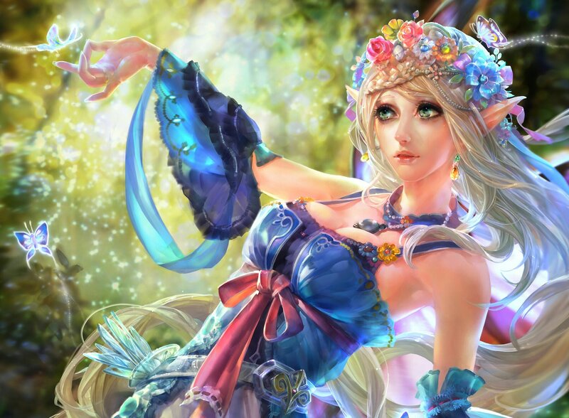 Elf Woman with Flowers — Blue, Serene