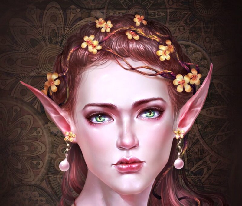 Elf Woman with Flowers — Brown, Serene