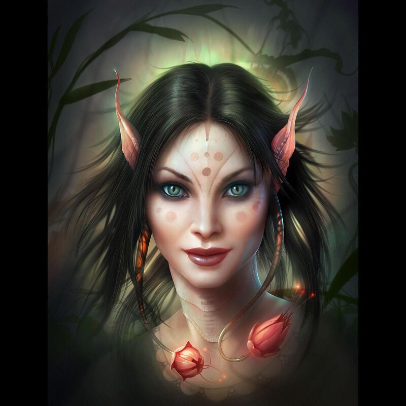 Elf Woman with Flowers — Green, Serene