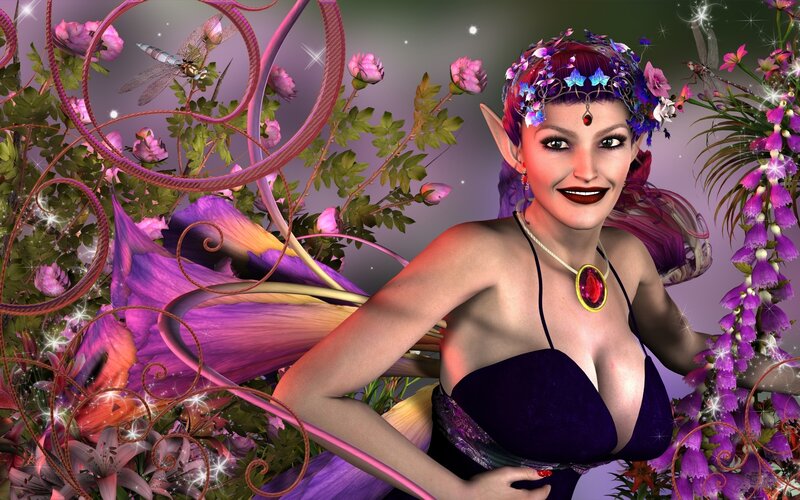 Elf Woman with Flowers — Purple