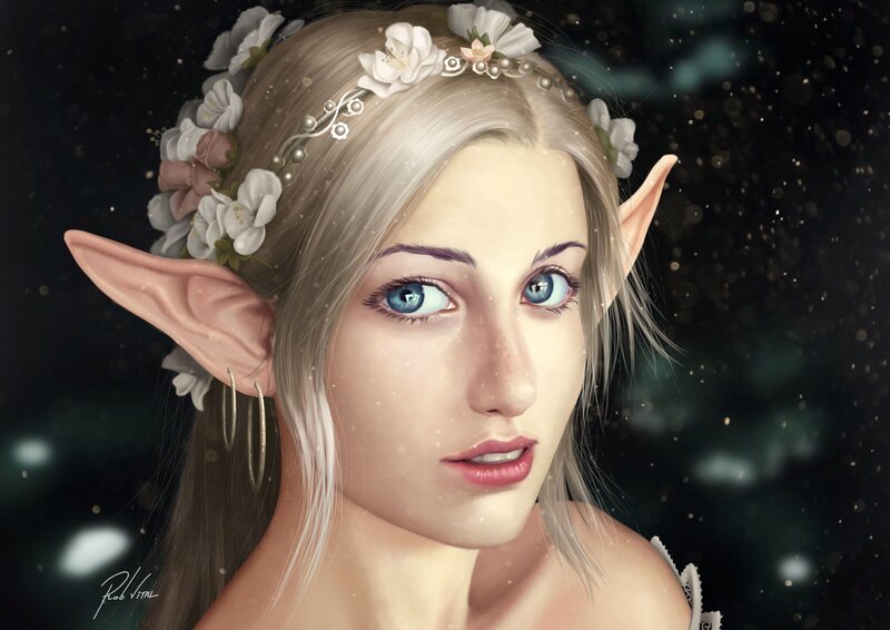 Elf Woman with Flowers — White, Serene