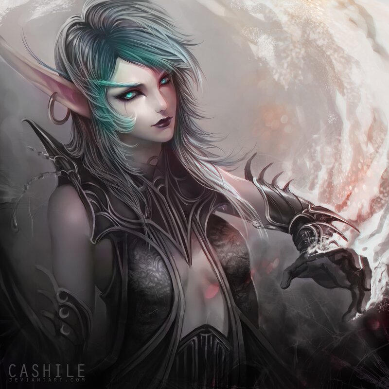 Elf Woman with Glowing Eyes — Gray, Dramatic, Digital Art