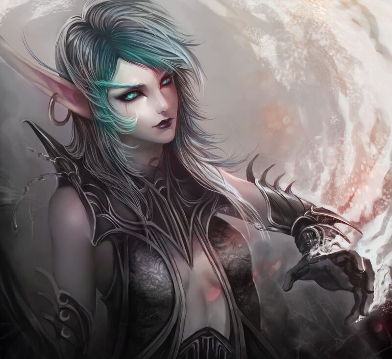 Elf Woman with Glowing Eyes — Gray, Dramatic