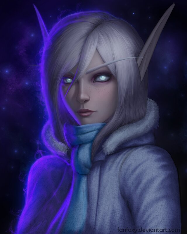 Elf Woman with Glowing Eyes — Purple, Dramatic, Night, Digital Art, Pointed Ears