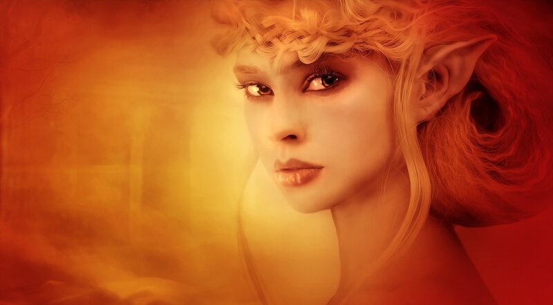 Elf Woman with Golden Hair — Orange, Dramatic