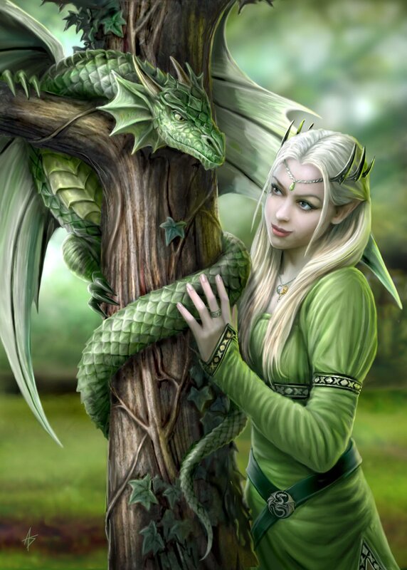 Elf Woman with Green Dragon — Serene, Afternoon, Digital Art, Tree