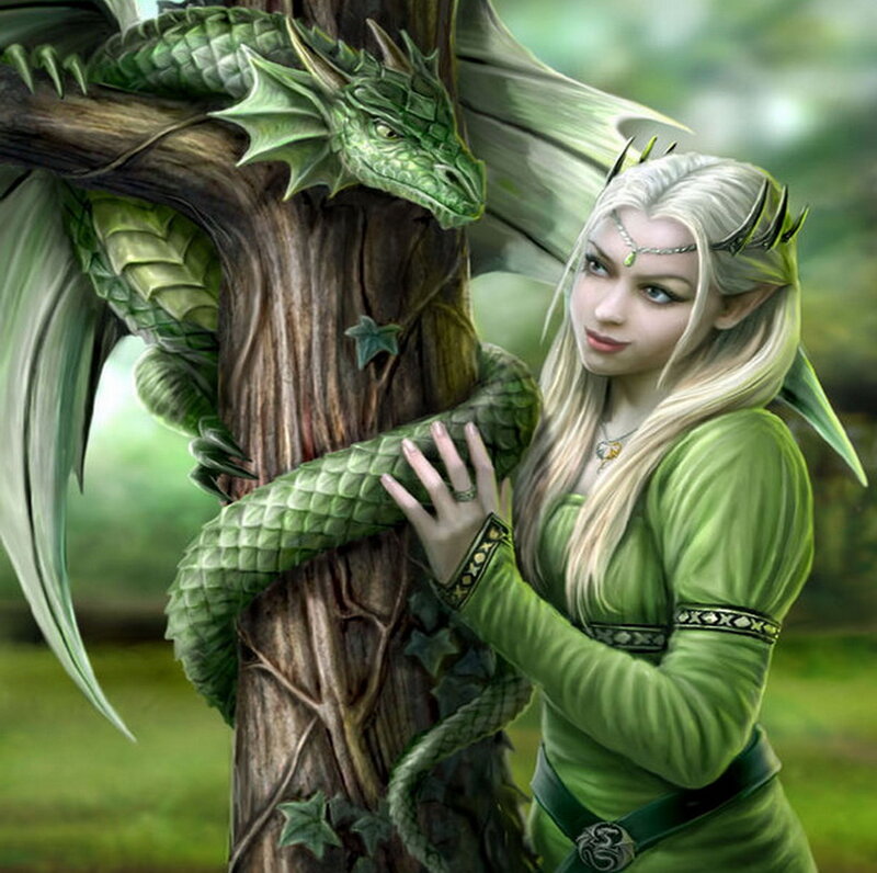 Elf Woman with Green Dragon — Serene