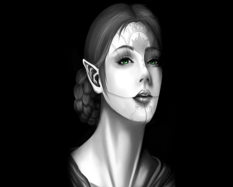 Elf Woman with Green Eyes — Black, Dramatic, Digital Art