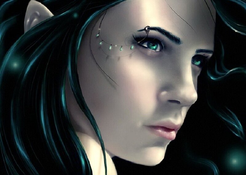 Elf Woman with Green Eyes — Black, Dramatic, Night