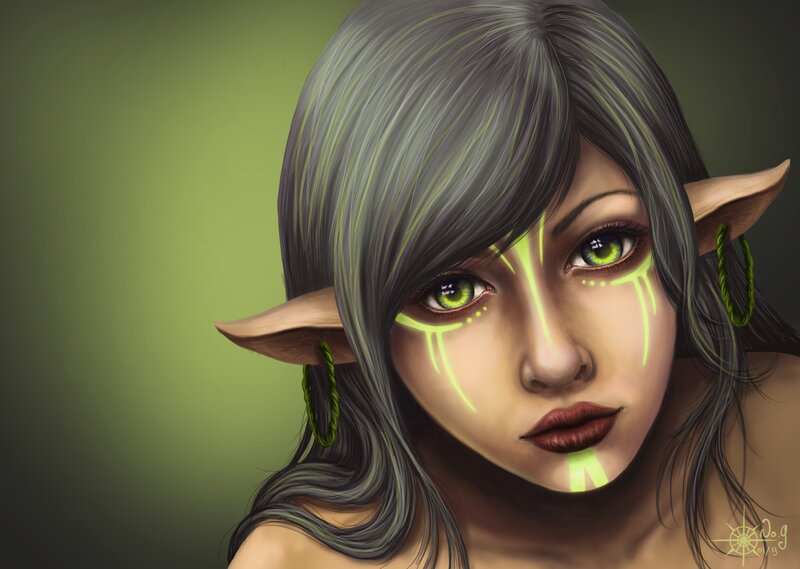 Elf Woman with Green Eyes — Dramatic, Digital Art, Pointed Ears