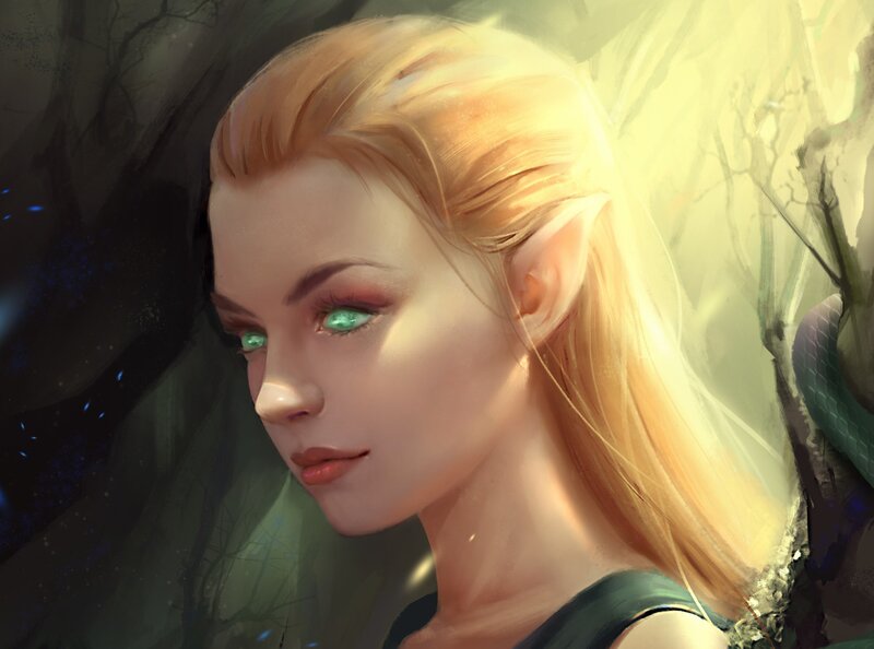 Elf Woman with Green Eyes — Serene, Night, Digital Art