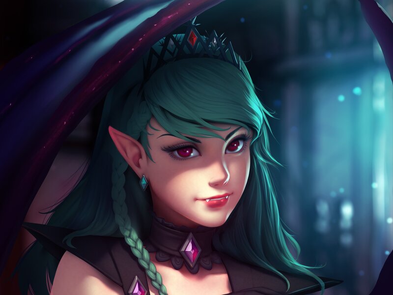 Elf Woman with Green Hair — Dramatic, Night, Digital Art