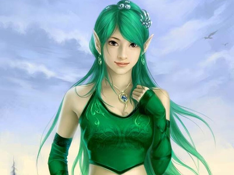 Elf Woman with Green Hair — Serene, Digital Art