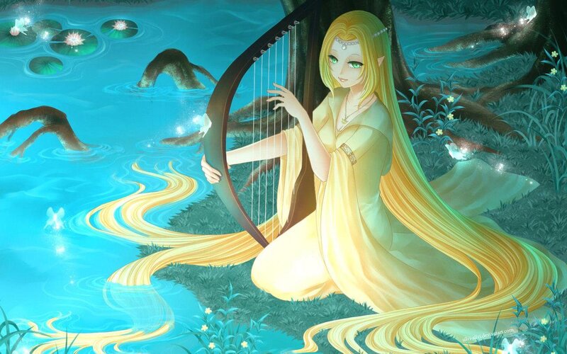 Elf Woman with Harp — Blue, Serene