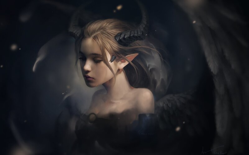 Elf Woman with Horns — Black, Dramatic, Night