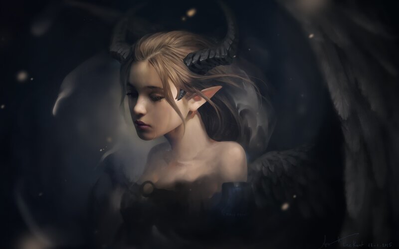 Elf Woman with Horns — Black, Dramatic