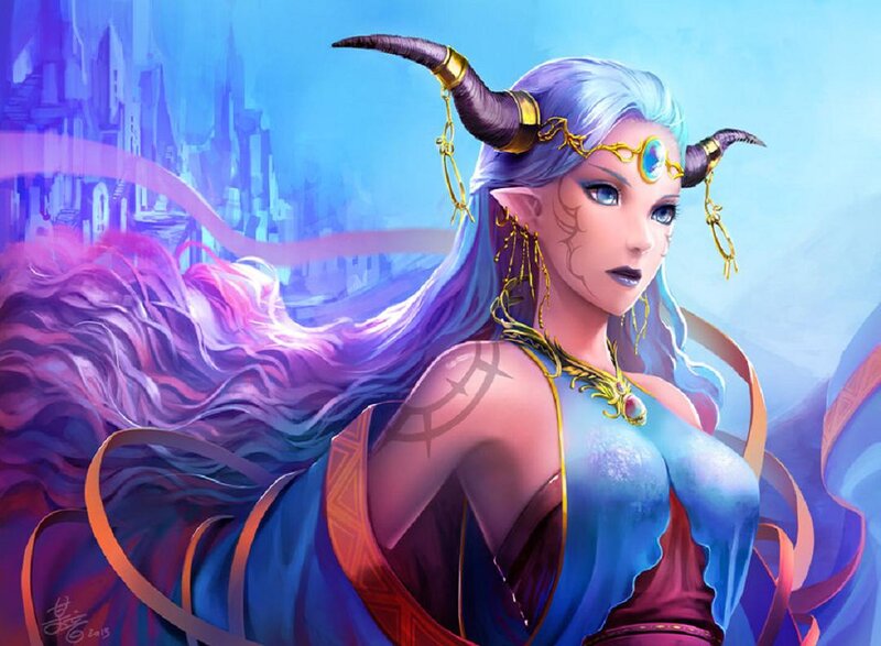 Elf Woman with Horns — Blue, Dramatic, Digital Art