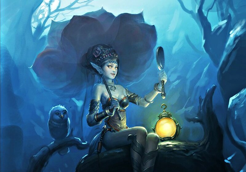Elf Woman with Lantern — Blue, Mysterious