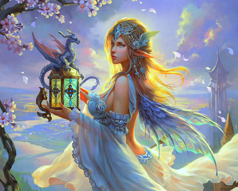 Elf Woman with Lantern — Blue