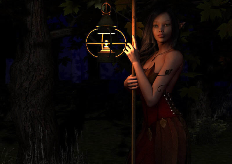 elf woman with lantern in forest
