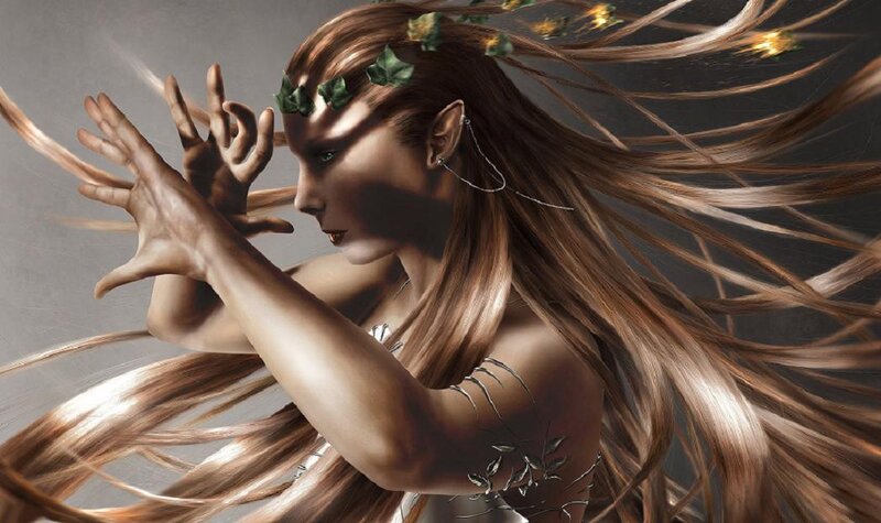 Elf Woman with Long Hair — Brown, Dramatic, Digital Art, Leaves
