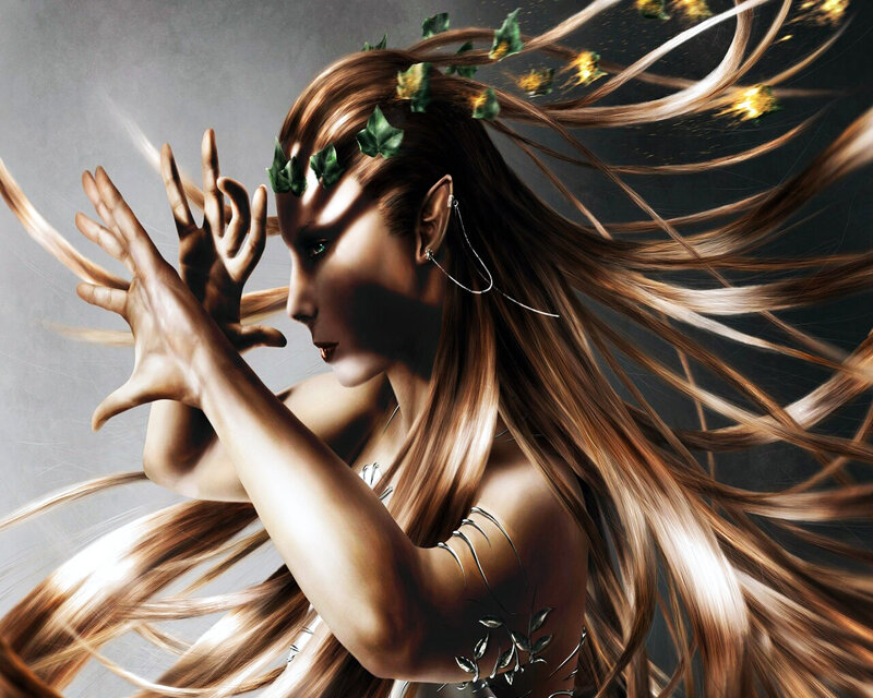 Elf Woman with Long Hair — Brown, Dramatic, Digital Art