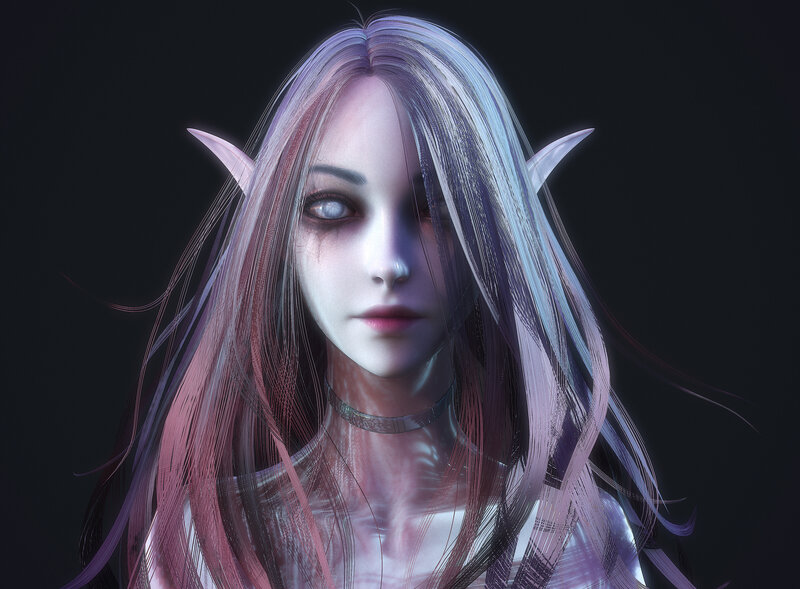 Elf Woman with Long Hair — Purple, Dramatic, 3d Render