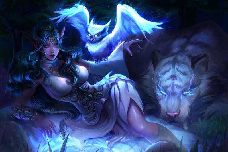 Elf Woman with Owl and Tiger