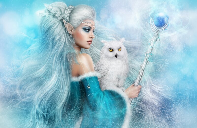 Elf Woman with Owl — Blue