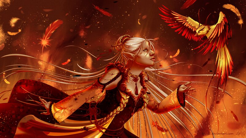 Elf Woman with Phoenix — Red, Dramatic, Digital Art, Feathers