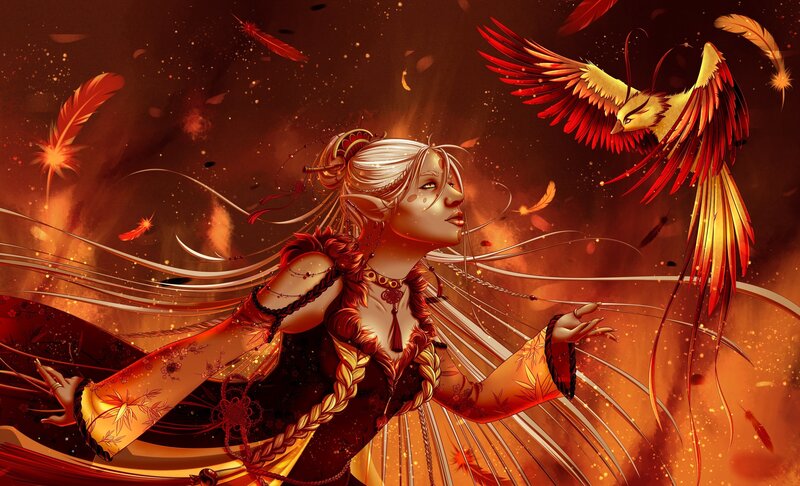 Elf Woman with Phoenix — Red, Dramatic, Digital Art