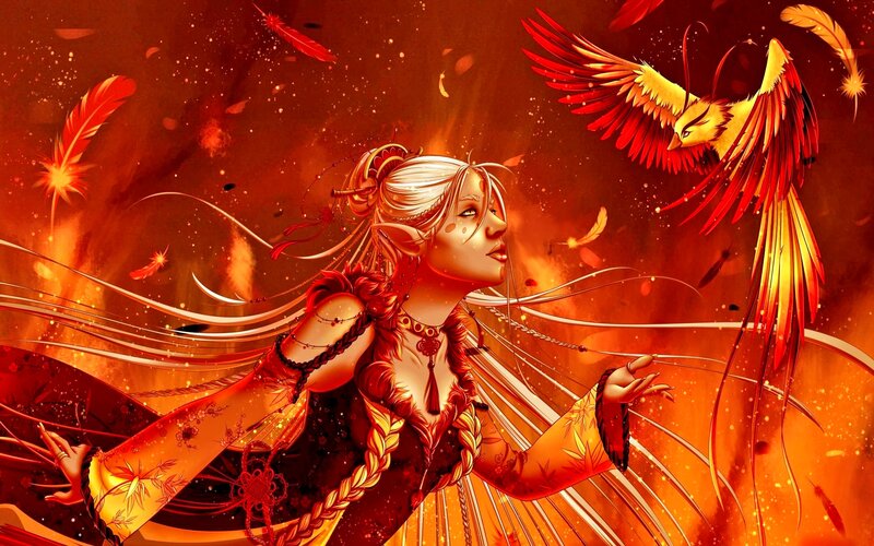 Elf Woman with Phoenix — Red, Dramatic