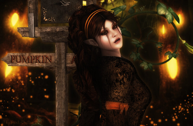 Elf Woman with Pumpkin Sign
