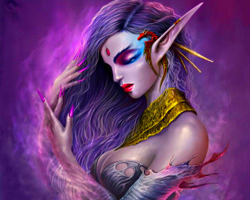 Elf Woman with Purple Hair — Dramatic, Digital Art, Long Nails