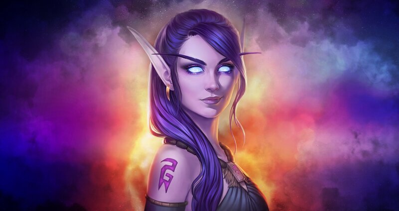Elf Woman with Purple Hair — Dramatic, Digital Art, Pointed Ears