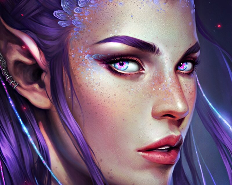 Elf Woman with Purple Hair — Dramatic, Night